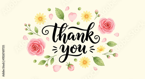 Floral wreath with thank you message in elegant black script.