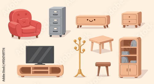 Assorted furniture and home decor items arranged neatly.
