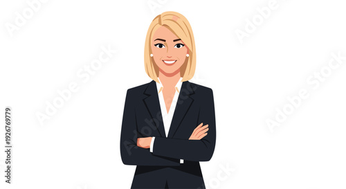 A blonde woman with a confident smile stands with her arms crossed wearing a dark navy blue business suit over a white collared shirt.