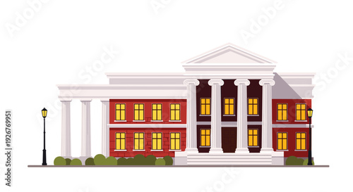 A red brick neoclassical building with a white columned portico and glowing yellow windows stands between two black street lamps on a flat white background.