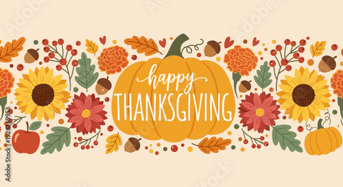 Vibrant Thanksgiving greeting with autumn flowers and pumpkin decoration.