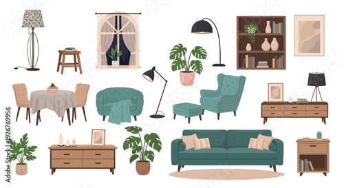 Collection of modern home furniture and decor items.