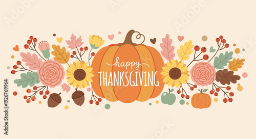 Happy Thanksgiving greeting with pumpkin and autumn leaves.