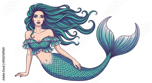 Beautiful Mermaid with Flowing Teal Hair and Scaled Tail - Fantasy Ocean Siren Underwater Creature Illustration
