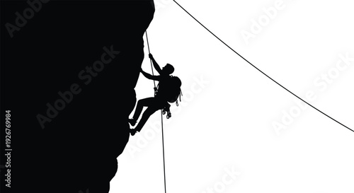 Silhouette of rock climber rappelling down steep cliff face extreme sport adventure mountaineering challenge strength determination and outdoor survival concept isolated on white background