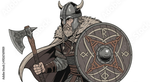 Fierce Viking Warrior with Horned Helmet Battle Axe and Rune Shield - Medieval Norse Warrior Illustration