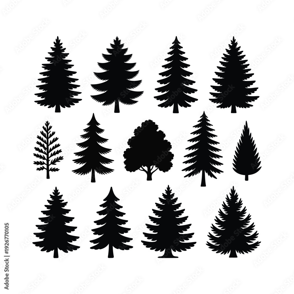 Fototapeta premium Pine tree silhouette set. Evergreen fir and coniferous forest trees vector illustration.