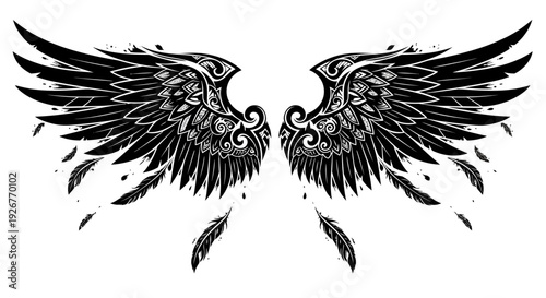 Black and white illustration of broken angel wings with feathers.