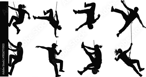 Silhouette set of climbers rappelling and performing dynamic rope maneuvers extreme outdoor adventure sport action poses isolated on white background collection