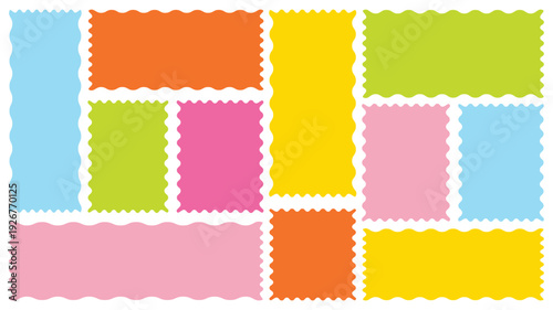 Rectangle shape frame with zigzag edge.  Vector set colorful wavy edge frames. Silhouette stickers circle, square, oval and rectangle labels.
