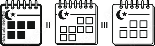 Islamic calendar vector illustration with crescent moon and star icons showing variations of days and observance layouts