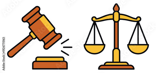 Flat line art legal icons set featuring a gavel and scales of justice for judgment and fairness