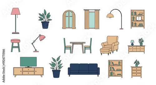 Collection of various home furniture and decor items illustration.