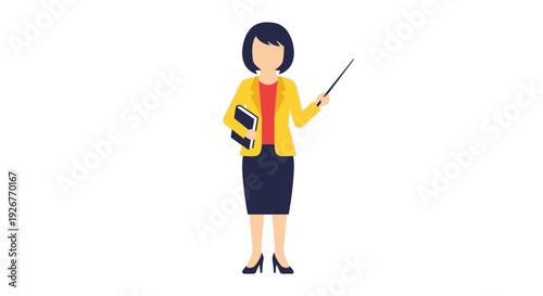 Cartoon woman holding books and pointing with a stick.