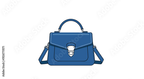 A blue leather satchel handbag with a top handle and a long shoulder strap features white decorative stitching and a silver metal clasp on a white background.