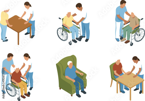 Isometric Elderly Care  Nurse Assisting Senior in Hospital Vector Scene