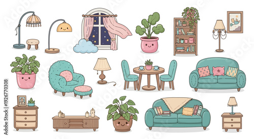 Collection of cartoon style home furniture and decor items.
