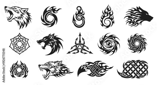 Collection of black tribal wolf and animal designs on white background.