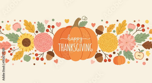 Happy Thanksgiving greeting with autumn flowers and pumpkin decoration.