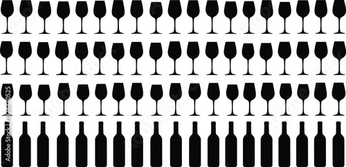 Wine glasses and bottles silhouette pattern set arranged in rows isolated on white background beverage alcohol bar and restaurant concept