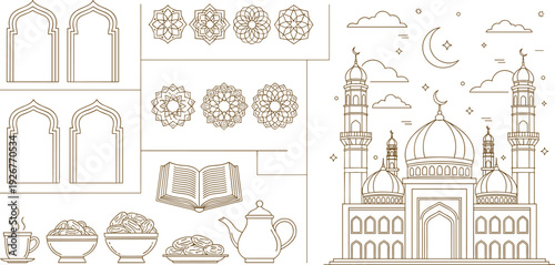 Islamic Festival Graphic Kit with Modern Flat Eid Mubarak Banners Mosque Skyline Silhouettes and Comprehensive Ramadan Lifestyle Icon Collection