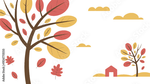 Autumn scene with trees and house under cloudy sky