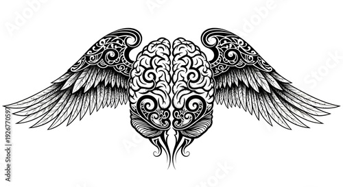 Intricately designed black and white wings with ornate patterns.