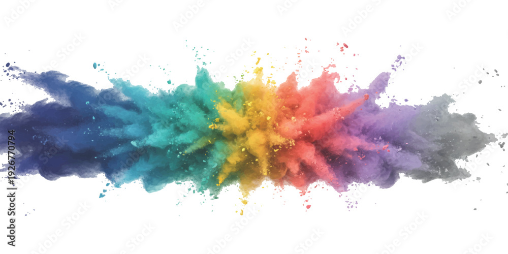 Fototapeta premium Vibrant rainbow powder explosion isolated on white background, colorful paint splash for creative design projects and celebration banner vector illustration