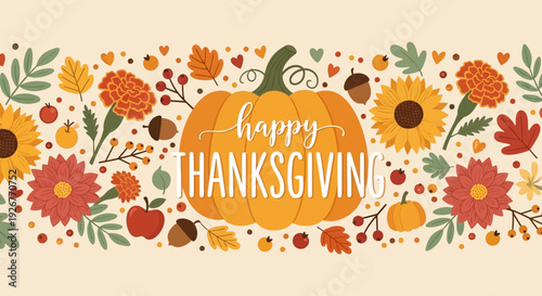 Happy Thanksgiving greeting with pumpkin and flowers.