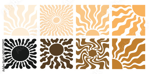 Fényképezés Bohemian sunburst collection with stylized wavy rays and abstract sun icons in r
