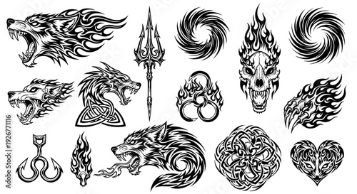Collection of black and white tribal tattoo designs and elements.
