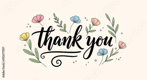 Floral thank you card with colorful flowers and leaves.