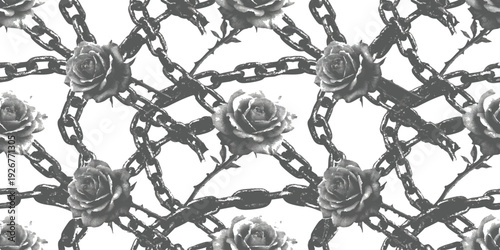 Quadro su tela Seamless gothic pattern with black roses and metallic chains on white background