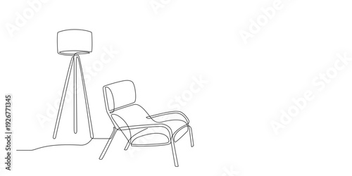 Continuous single line drawing of armchair, lamp with. One line drawing of interior of living room, lounge with couch, light lamp, daybed. Poster template. Contour of indoor furniture. Doodle vector
