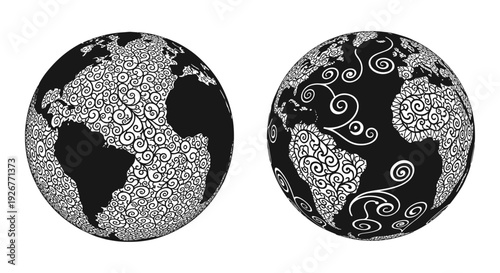 Contrasting visual representations of earth with intricate patterns and designs. Vector, illustration