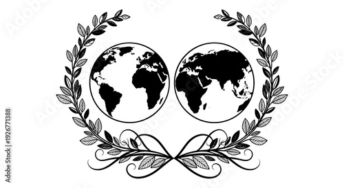 Two globes encircled by a laurel wreath symbolizing unity and global harmony Vector, illustration