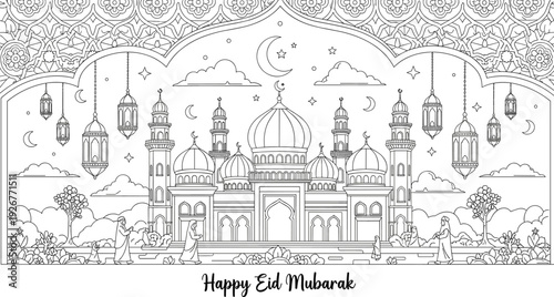 Happy Eid Mubarak coloring page vector illustration with detailed mosque architecture people hanging lanterns and clouds line art.