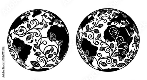 Dual globes with intricate symmetrical floral patterns encircling each hemisphere Vector, illustration