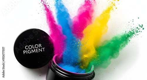 Colorful powder pigments explode from a black container on a white surface