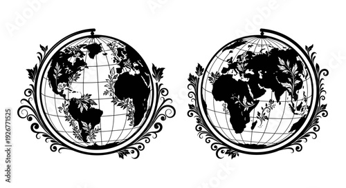 Dual vintage-style globes framed with ornate decorative borders Vector, illustration