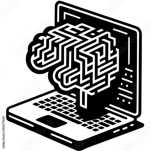 Digital Brain: A stylized illustration of a laptop with a brain emerging from the screen, representing the intersection of technology and thought. 