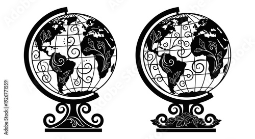 Two vintage-style globes showcasing world maps with puzzle-piece continents on ornate stands Vector, illustration