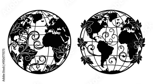 Historical and modern views of the world map with decorative elements on globes Vector, illustration