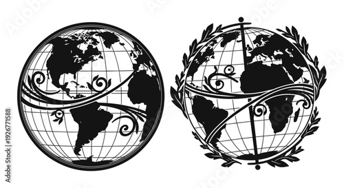 Historical depiction of earth with wreath and compass rose symbols surrounding it Vector, illustration