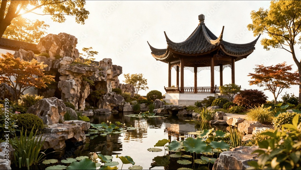 Fototapeta premium Serene Chinese garden at sunset featuring a traditional wooden pagoda overlooking a calm lotus pond surrounded by rock formations and trees.