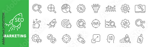 SEO marketing outline icon set featuring analytics, optimization, targeting, conversion, growth, and strategy line icons with editable stroke digital business