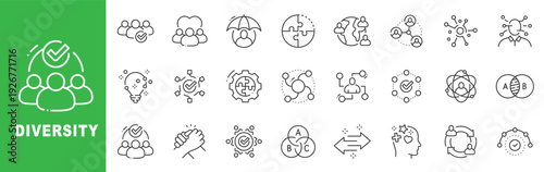 Diversity and inclusion outline icon set featuring teamwork, community, equality, collaboration, multicultural connection, and editable stroke line icons.