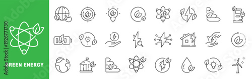 Green energy icon set featuring renewable power, solar, wind turbine, battery storage, electric charging, sustainability, outline line icons, editable stroke vector.