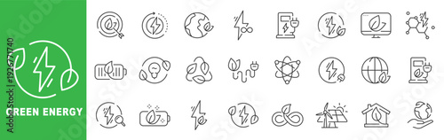 Green energy icon set featuring renewable electricity, solar panels, wind turbines, battery storage, smart grid, sustainability outline line icons.