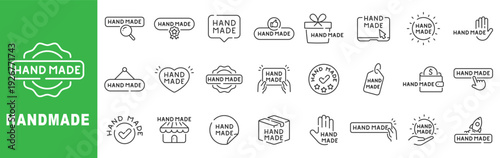 Handmade icon set featuring artisan labels, craft badges, quality seals, boutique branding elements, outline line icons with editable stroke vector.